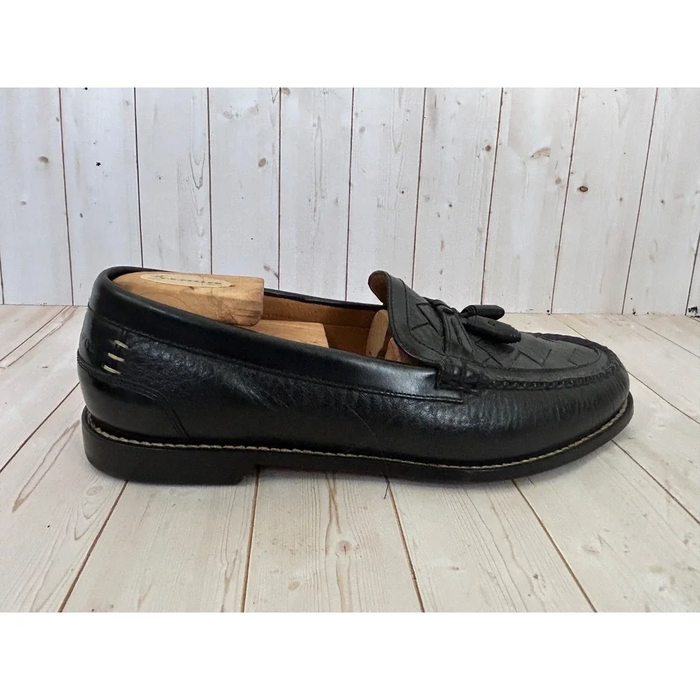H.S. TRASK Men's Black Leather Basket Weave Tassel Loafer Slip On Size 9.5‎ M